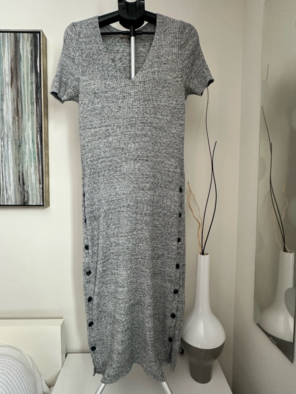 Philosophy Size XL Gray Ribbed Midi Dress with Side Buttons